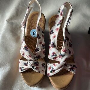 Blowfish Cream and Tan Wedges with Floral Print